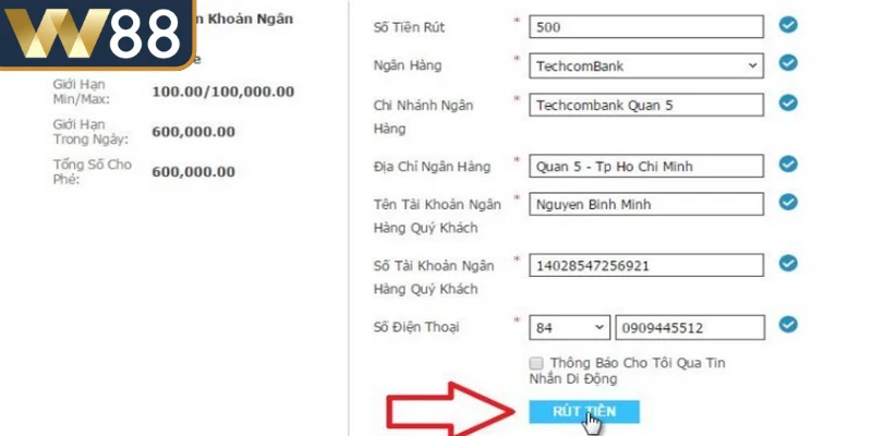 Cách xử lý lỗi khi giao dịch rút tiền W88 trên Apps